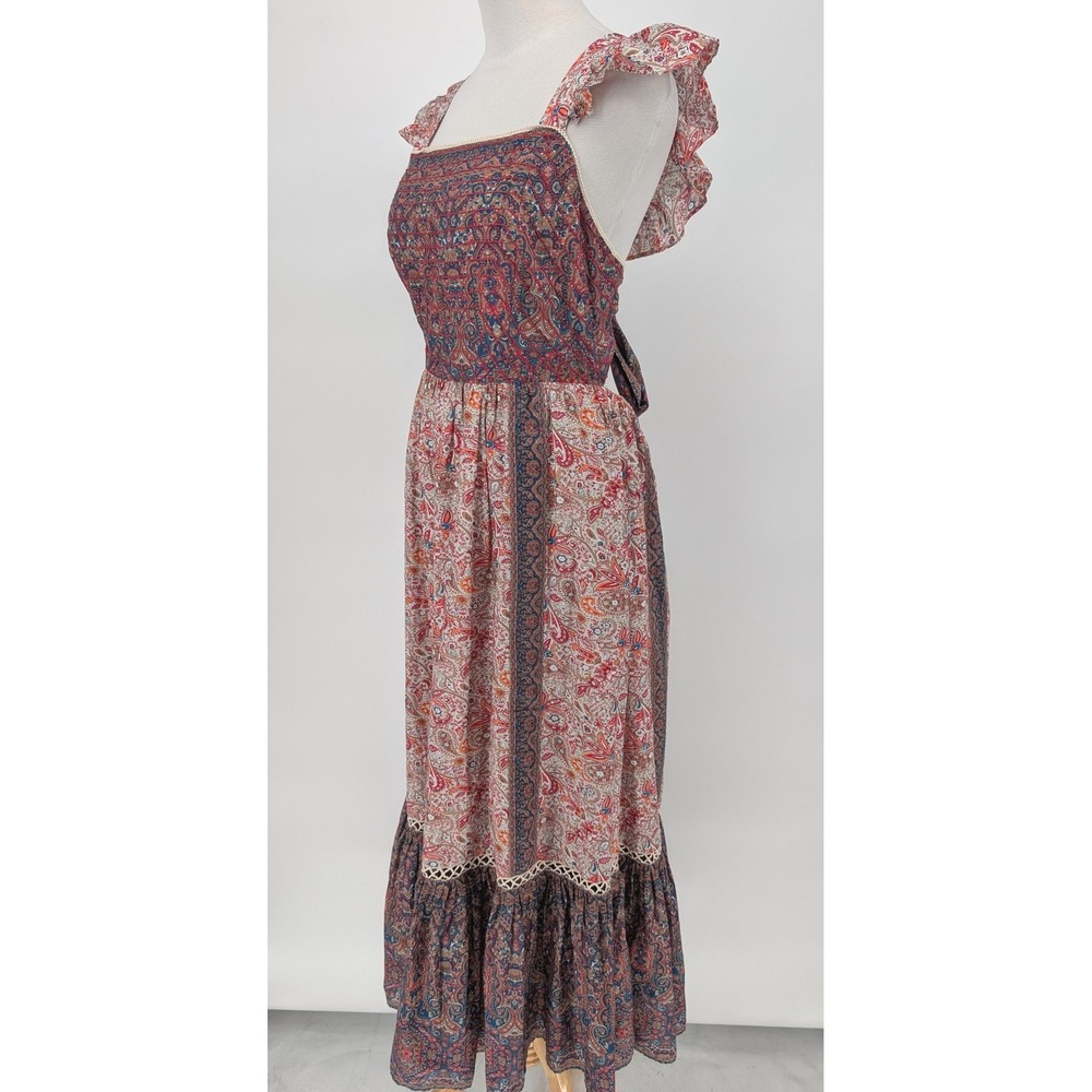 Haute Hippie Paisley Floral Maxi Dress 10 Red Blue Boho Tie Back Cottage Prairie - Picture 6 of 14